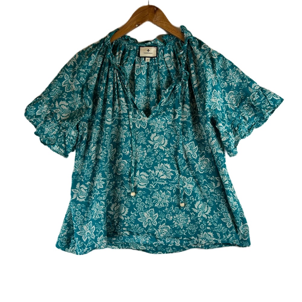 Tuckernuck Teal Floral Cotton Ruffle Neck Flutter Sleeve Blouse Top Womens M